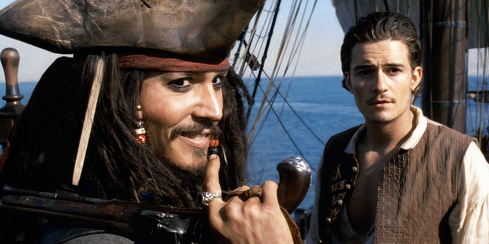 Jack Sparrow and Will Turner looking in the same direction while asea on The Black Pearl.